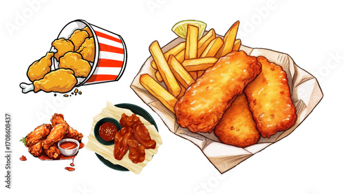 Crispy fried chicken bucket, wings, and fish with golden fries ready for delicious indulgence
