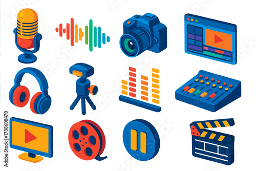 Multimedia Tools Icons. Isometric vector illustration set multimedia icons for recording and editing: condenser microphone, music