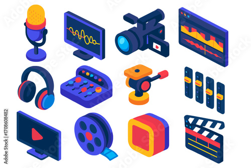 Multimedia Icon Set. Isometric vector illustration set multimedia icons for recording and editing: radio microphone, wave signal