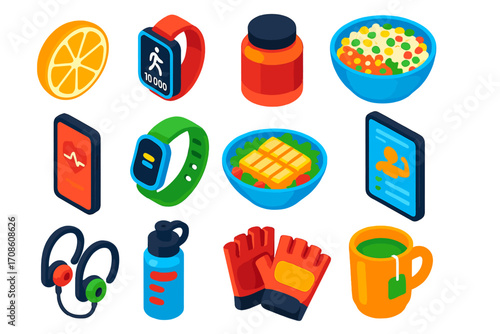 Fitness and Nutrition Icons. Isometric vector illustration set food, technology, and health themes: orange slice, smartwatch with