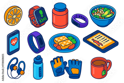 Fitness and Nutrition Icons. Isometric vector illustration set food, technology, and health themes: orange slice, smartwatch with