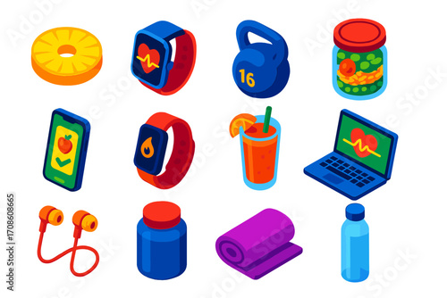 Vibrant Healthy Tech Icons. Isometric vector illustration set food, technology, and health themes: pineapple slice, smartwatch