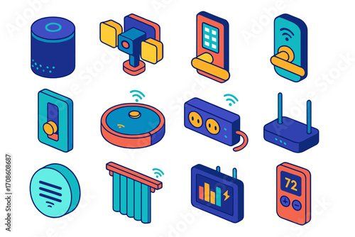 Smart Home Icons. Isometric vector illustration set smart home icons: AI assistant speaker, floodlight security cam, smart dimmer