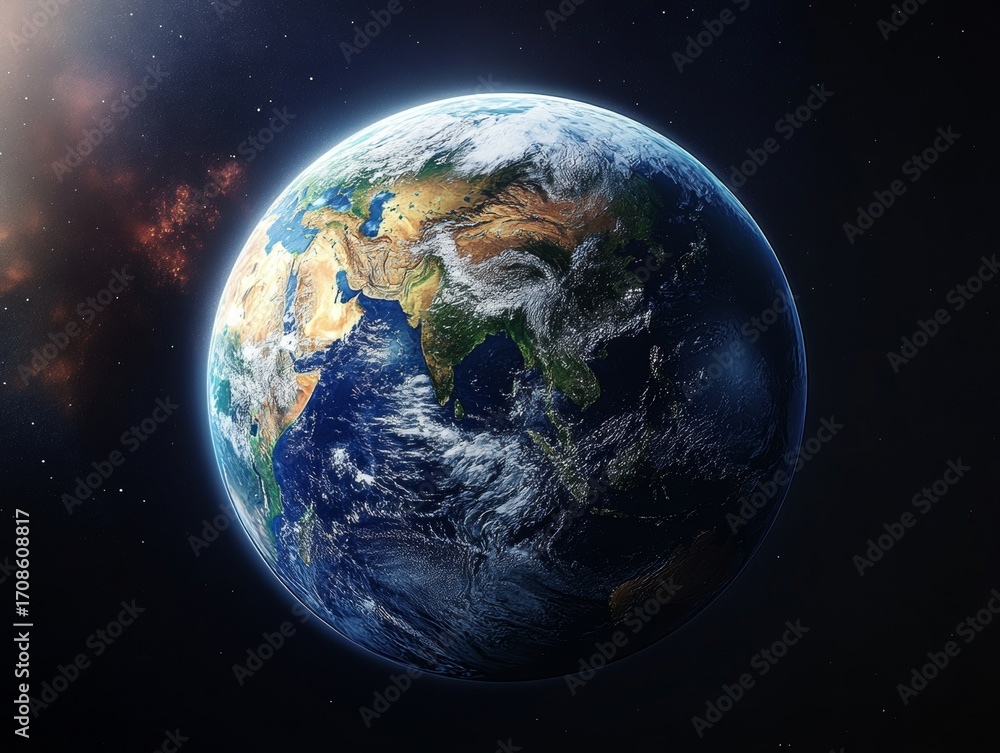Obraz premium Planet Earth viewed from space with the moon in orbit and stars in the background.