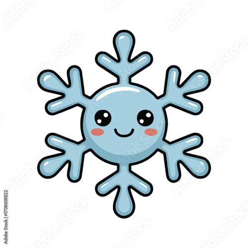 Vector art of delightful snowflake character with a cute smile, this charming illustration features a kawaiistyle snowflake with big, expressive eyes and rosy cheeks, perfect for adding a touch of whi
