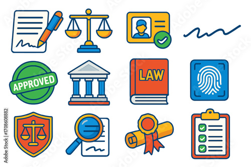 Legal Compliance Icons. Isometric vector illustration set legal and compliance icons: agreement document and pen, law justice
