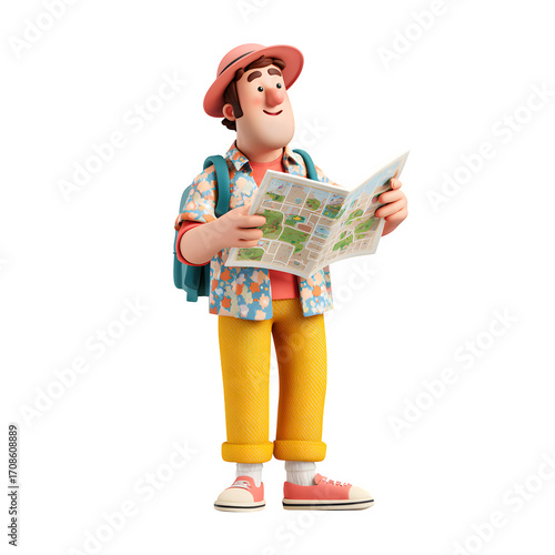 3D tourist with hat consults map. Cartoon character design uses vibrant color scheme for travel advertising, animation.