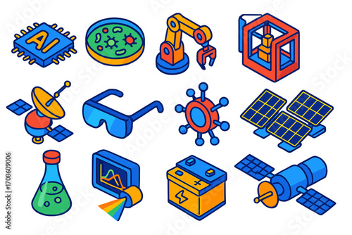 Innovative Tech Icons. Isometric vector illustration set innovative technology and science icons: AI neural chip, microbiology