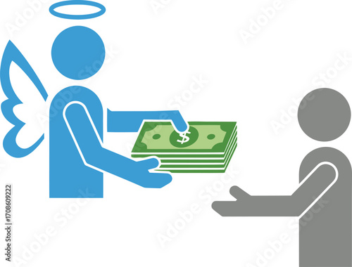 Angel investor icon giving money to recipient in flat design style vector