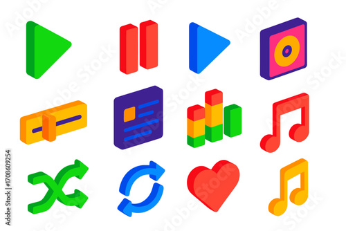 Vibrant Music App Icons. Isometric vector illustration set Music app: play button, pause button, next track, previous track,