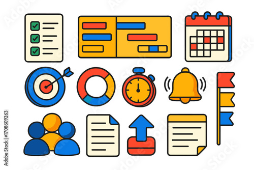 Bold Productivity Icons. Isometric vector illustration set Productivity tools: to-do list, project timeline, kanban board,