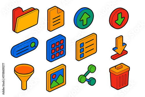Isometric File Icons. Isometric vector illustration set File management UI: folder icon, file icon, upload button, download button