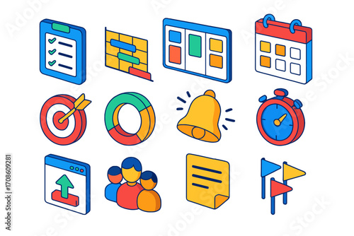 Bold Productivity Icons. Isometric vector illustration set Productivity tools: to-do list, project timeline, kanban board,