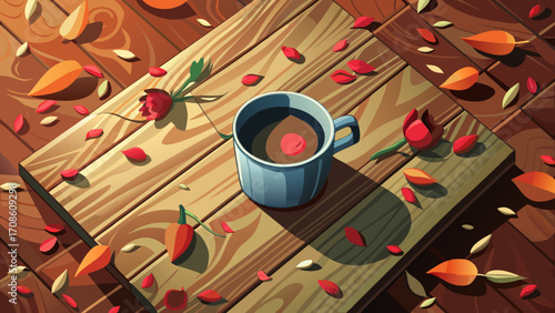 Dramatic top-down view of a rustic wooden table with a single ceramic mug and scattered petals, emphasizing simplicity while creating a unique, dynamic angle.