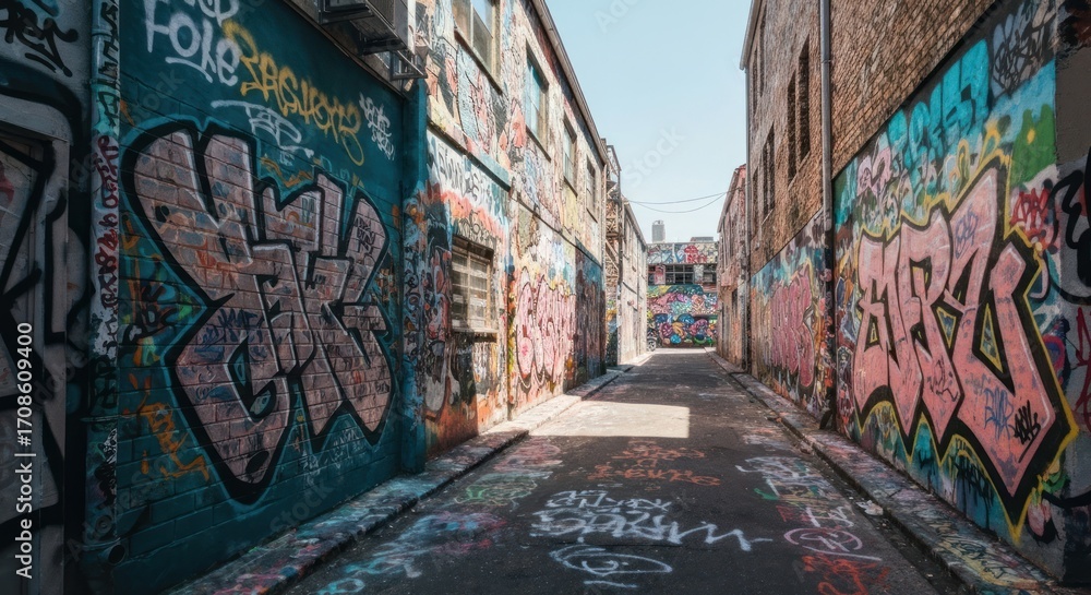 Fototapeta premium Graffiti-covered alleyway under a bright sky