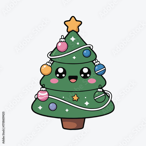 Vector art of a charming kawaii christmas tree illustration, adorned with colorful ornaments and a cheerful star, this delightful design captures the festive spirit with its cute and playful style, pe