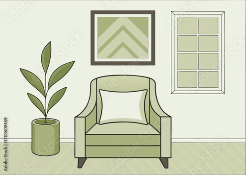 Minimalist Living Room Illustration with Armchair Plant Window and Artwork