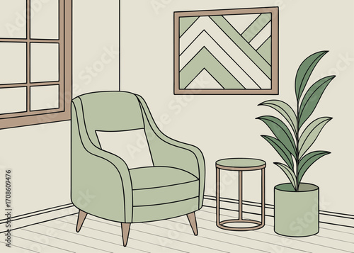 Cozy Living Room Interior with Armchair Plant Artwork and Natural Light