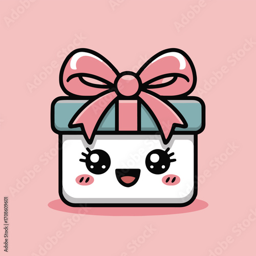 Vector art of a charming kawaii gift box illustration, adorned with a delightful bow, set against a soft pink backdrop this cheerful design captures the essence of giving and celebration, , making it 