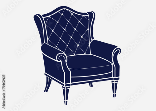 Elegant Navy Blue Armchair Illustration with Quilted Back and White Outline
