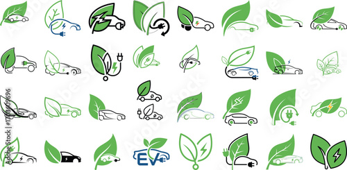 Electric car set with green leaves, clean energy transport icons, logo template
