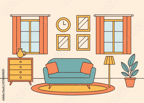 Cozy Living Room Interior Design with Furniture and Decorations Illustration