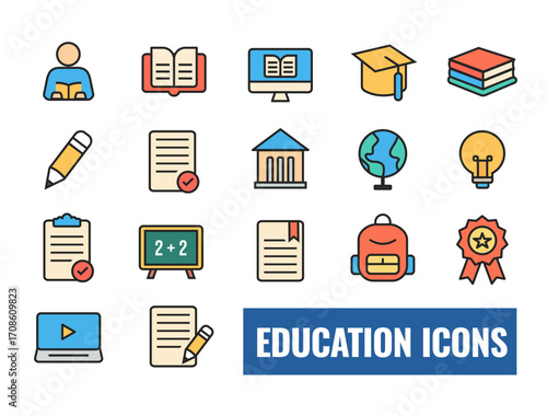 Set of 17 modern education icons in flat design style with books, graduation cap, laptop, pencil, and learning symbols on white background – perfect for digital and print use.