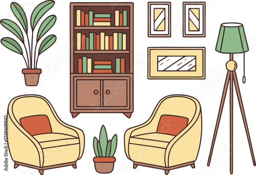 Cozy Living Room Interior with Armchairs Bookshelf Plants and a Floor Lamp