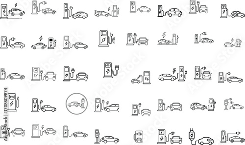 Electric vehicle charging stations seamless pattern, car and plug line art