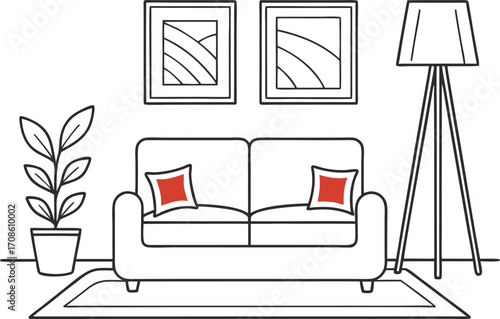Minimalist Living Room Line Art Illustration with Sofa Plant and Floor Lamp
