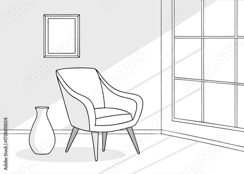 Cozy Interior Illustration with Armchair Vase Window and Sunlight in Minimalist Style