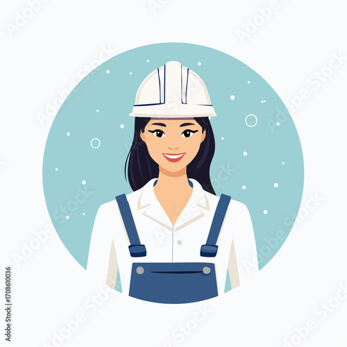Illustration of a smiling woman wearing a hard hat and overalls.