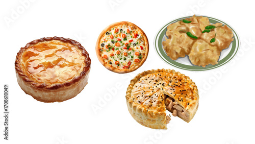 Delectable pies, pizza, and savory snacks ready to satisfy any craving, perfect for menus