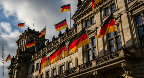 Numerous German flags flying proudly on a historic building facade.