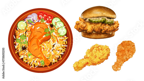 Savory chicken biryani with crispy fried chicken burger and drumsticks, a delicious meal combo.