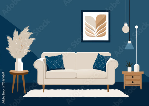 Stylish Living Room Interior with Beige Sofa Blue Walls and Modern Decor