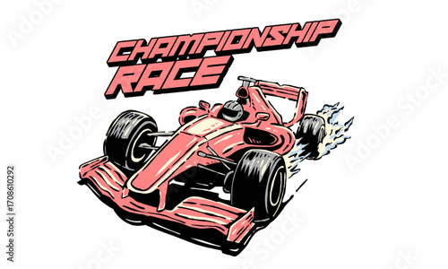 cartoon super racing car illustration for t shirt print or poster. Vintage Championship Race illustration for t shirt print, poster