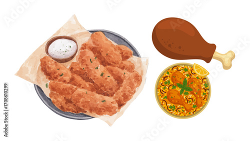 Crispy fried chicken tenders and flavorful biryani served with dipping sauce for a delicious meal