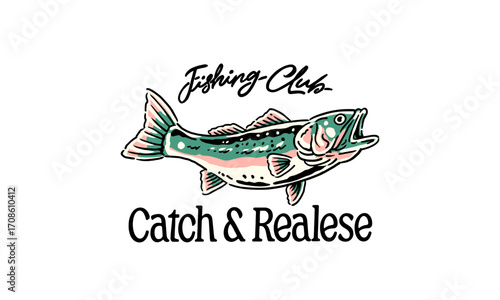 vintage illustration of a trout fish for a fishing club. Retro artwork with Catch and Release slogan for a t shirt print