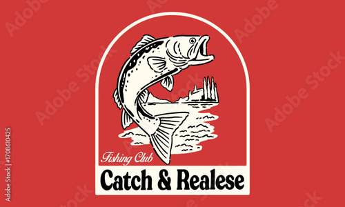 Retro fishing club logo with a jumping bass. Vintage Catch and Release artwork for t-shirt or poster