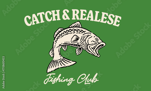 minimalist illustration of a bass fish. Retro Catch and Release fishing club artwork for a t-shirt