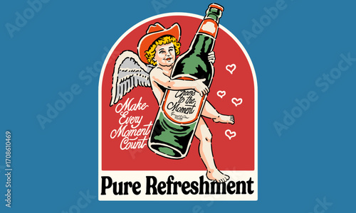 retro patch of a cowboy angel with a beer bottle. Vintage artwork with Pure Refreshment slogan