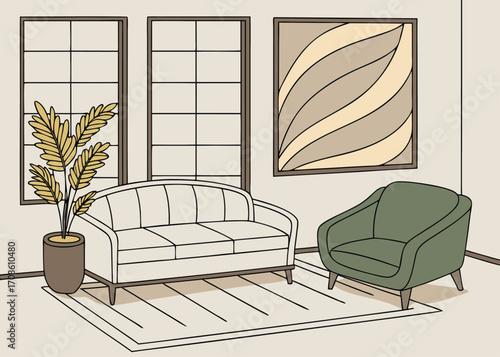 Cozy Living Room Interior with Neutral Colors and Modern Art Illustration
