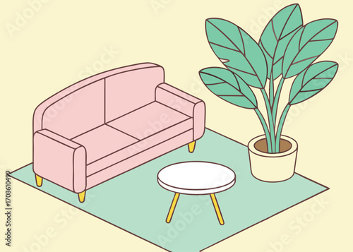 Isometric Living Room Illustration with Pink Sofa Coffee Table and Plant