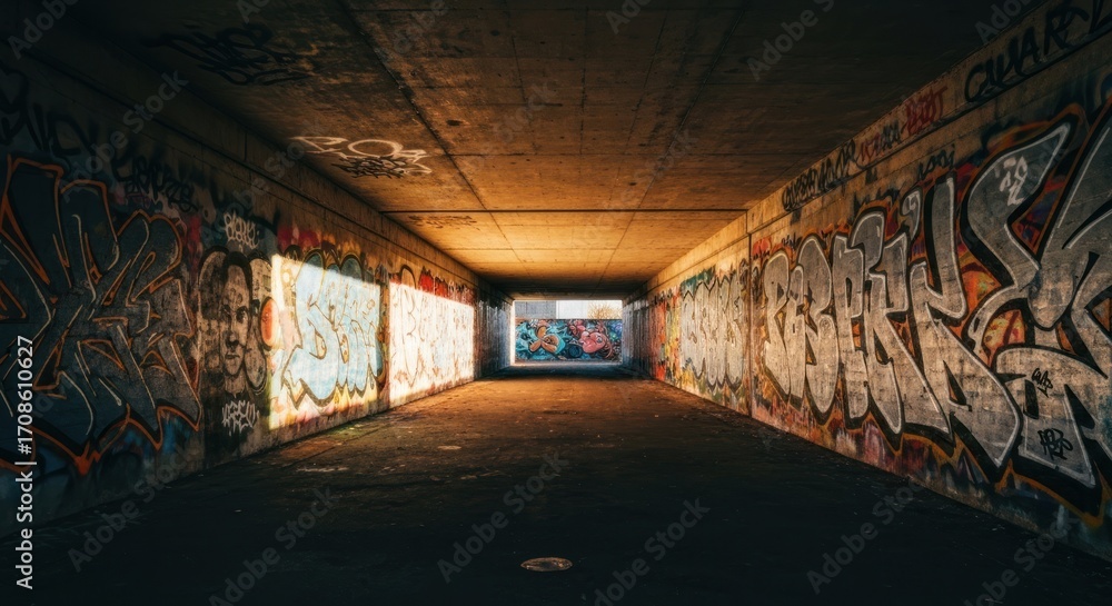 Fototapeta premium Graffiti-covered tunnel, light filtering through