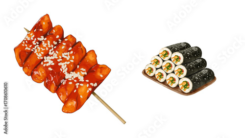 Savory Korean street food featuring spicy tteokbokki skewers and fresh gimbap rolls delights