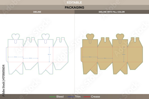 Heart shaped Christmas fruit gift box packaging dieline, editable holiday carton template for branding and retail design including detailed die line layout