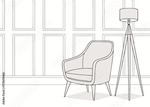 Minimalist Interior Sketch of Armchair and Floor Lamp Against Paneled Wall