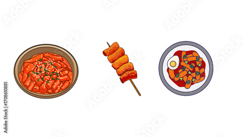 Delicious Korean Tteokbokki variations and skewers served in bowls and on plate, vibrant street food