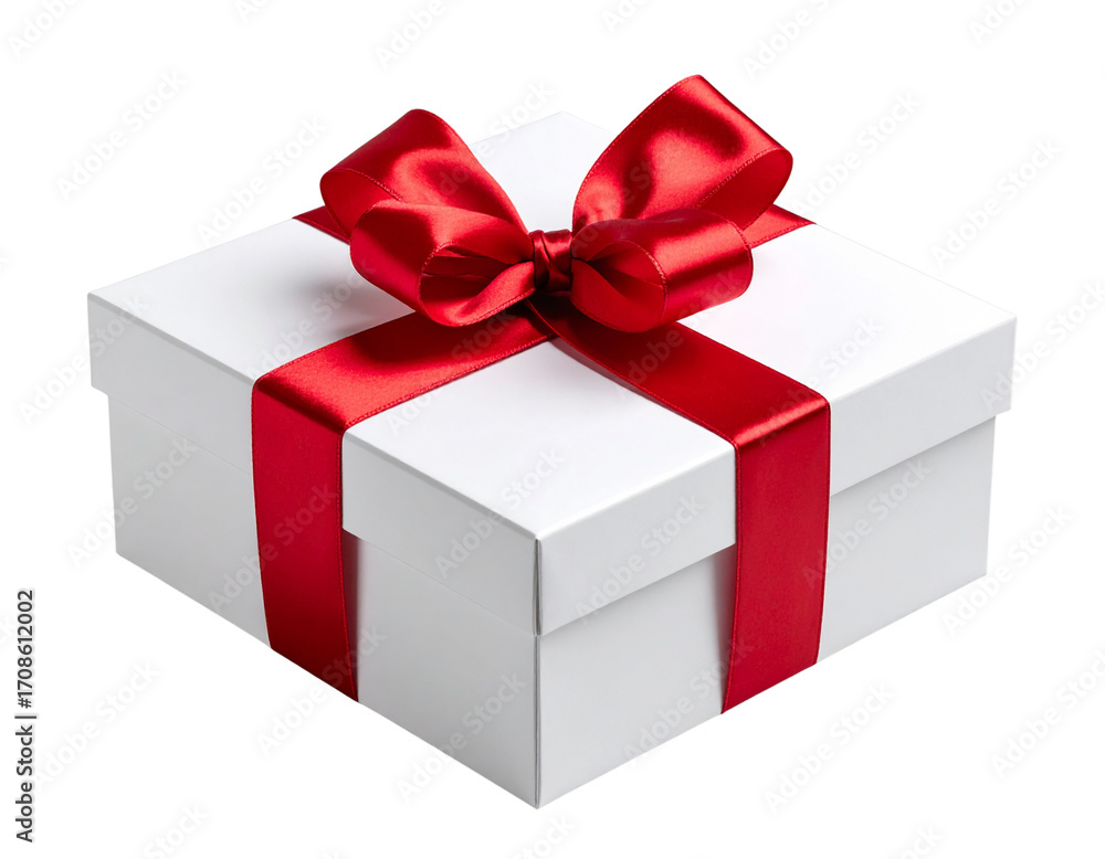 Fototapeta premium Square White Christmas Gift Box with Red Satin Ribbon and Bow, Front Angle, isolated transparent background png